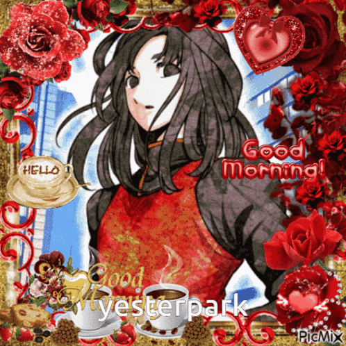 a picture of a girl surrounded by red roses with the words good morning