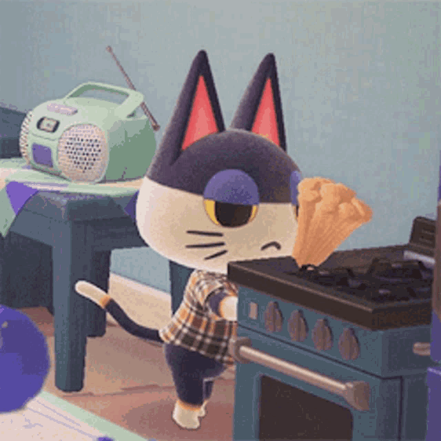 a black and white cat is standing next to a stove with a broom