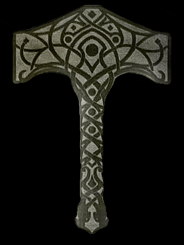 a hammer with a celtic design on it against a black background