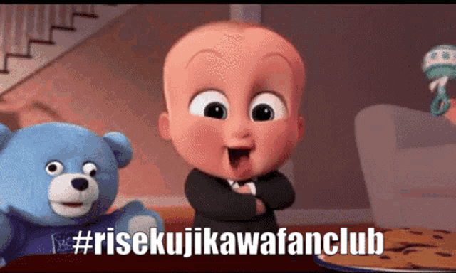 a baby from the boss baby movie is standing next to a teddy bear and a plate of food .