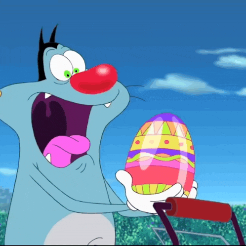 a cartoon character is holding a colorful egg
