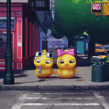 two cartoon ducks holding hands on a sidewalk with a do n't walk sign behind them
