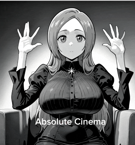 a black and white drawing of a woman sitting in a chair with absolute cinema written on the bottom