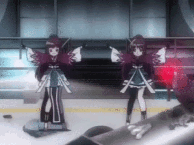 a couple of anime girls standing next to each other with their arms outstretched