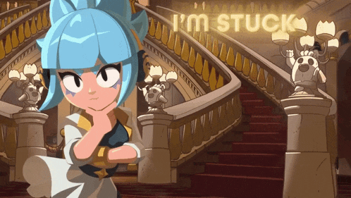 a cartoon girl is standing in front of a staircase with a sign that says i 'm stuck