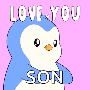 a penguin is holding two hearts in its beak and says " love you son "