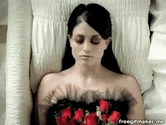 a woman is laying in a coffin with her eyes closed and roses on her chest