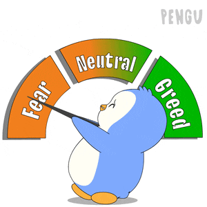 a penguin is pointing at a gauge that says " neutral "
