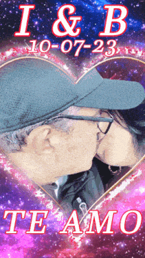 a man and woman kissing in front of a heart that says i & b 10 07 23 te amo