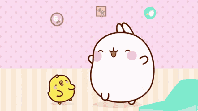 a cartoon drawing of a rabbit and a chicken standing next to each other