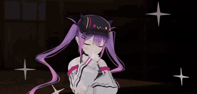 a girl with purple hair and a black hat