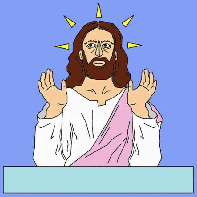 a cartoon drawing of jesus with the word jesus above his head