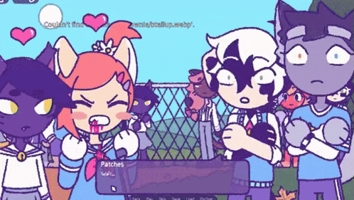 a group of cartoon characters are standing around a fence and one of them says patches