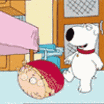 a cartoon of a dog standing next to a baby laying on the floor .