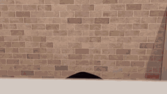 a stuffed doll with a brick wall in the background is looking over a table .