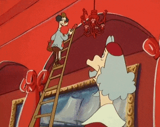 a cartoon of a man on a ladder looking at a picture
