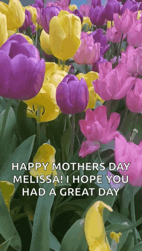 a bunch of purple and yellow flowers with the words happy mother 's day melissa i hope you had a great day