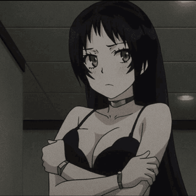 a girl with long black hair is wearing a choker