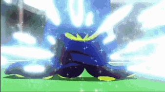 a person in a blue and yellow outfit is standing on a green field with a blue background .