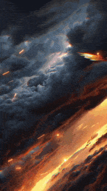 a painting of a cloudy sky with a plane flying in the distance