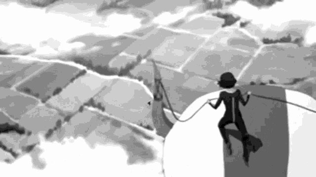 a black and white drawing of a person in a balloon with the letter c on it