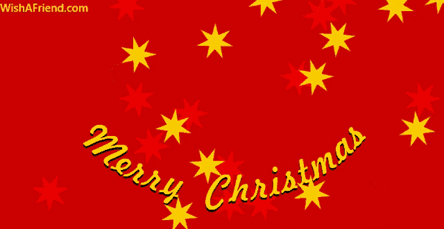 a red background with yellow stars and the words merry christmas in yellow