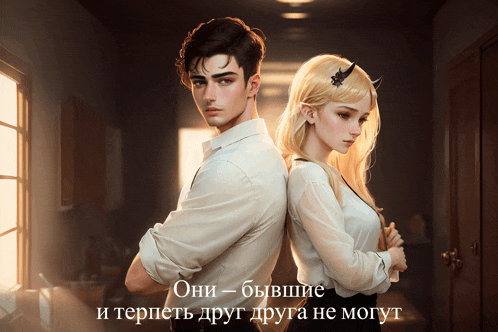 a man and a woman standing back to back in a hallway with russian writing