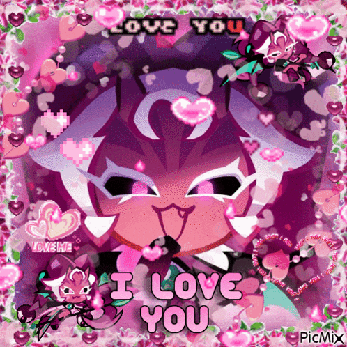 a picture of a cat with hearts around it and the words i love you