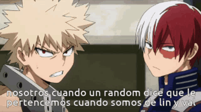two anime characters are standing next to each other with the words nosotros cuando un random dice