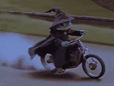 a frog wearing a witch hat and cape rides a motorcycle