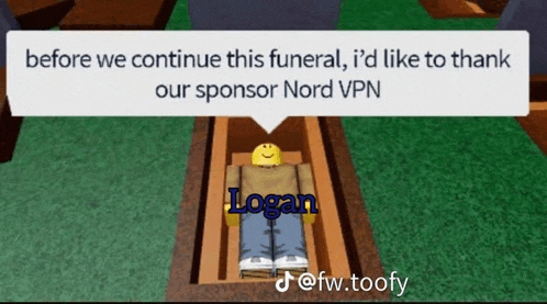 logan is laying in a coffin with a speech bubble that says before we continue this funeral i 'd like to thank