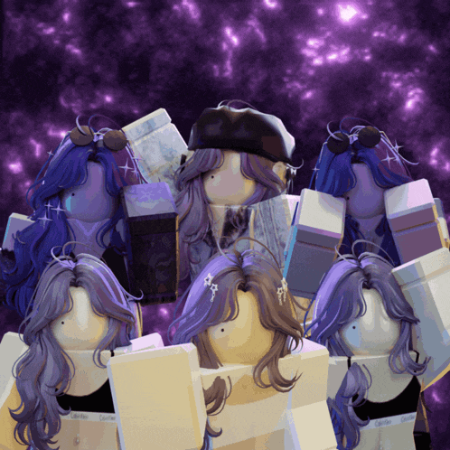 a group of girls with purple hair are standing in front of a purple background that says calvin klein