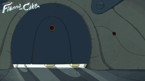 a poster for finna and cake shows two cartoon characters walking through a doorway