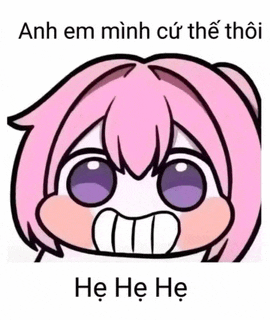 a cartoon of a girl with pink hair and purple eyes with the words anh em minh cu the thoi