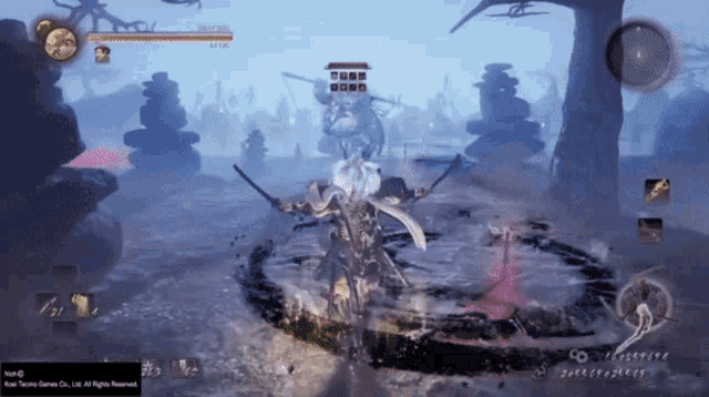 a screenshot of a video game shows a samurai fighting a monster with a sword