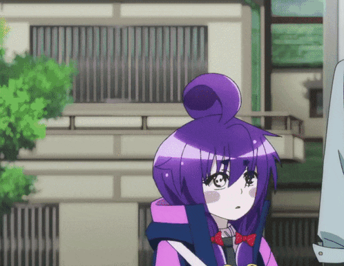 a girl with purple hair and a bow tie