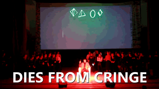 a group of people are on a stage with the words dies from cringe above them