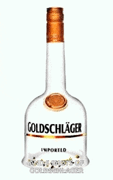 a bottle of goldschlager liquor is sitting on a table on a white background .