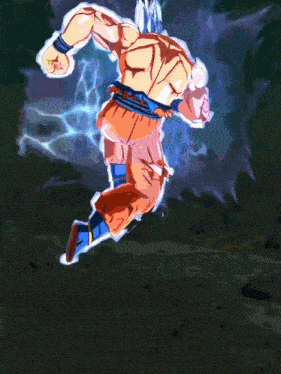 a cartoon character with white hair and orange pants is flying through the air