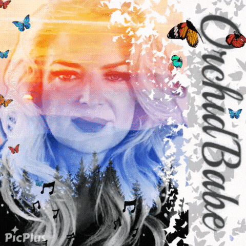 a picture of a woman with butterflies and the name orchid babe on the bottom