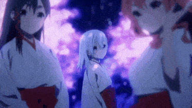 a group of anime girls in kimonos are standing next to each other in front of a purple background .