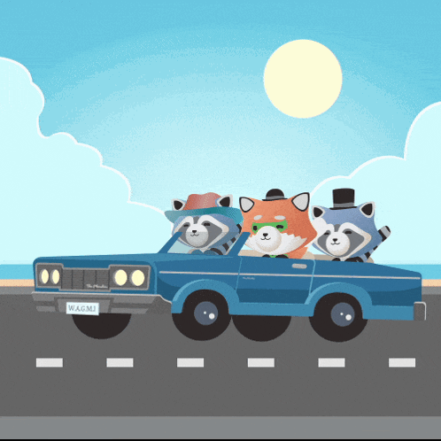 two raccoons and a fox are driving a blue car with a license plate that says wagmj