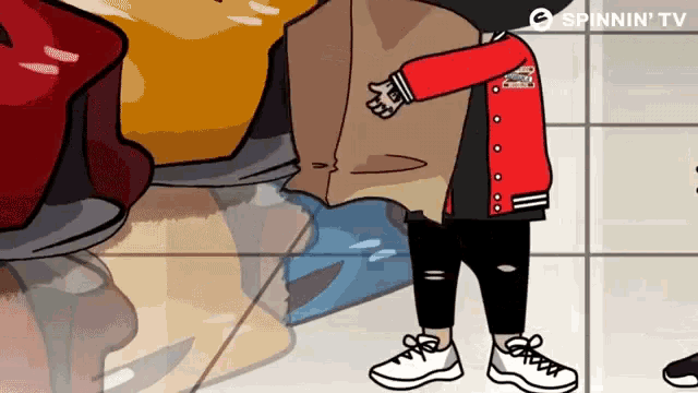 a cartoon drawing of a person wearing a red jacket and white sneakers