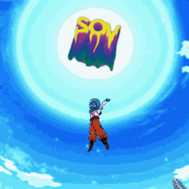 a cartoon character is flying through the air with a colorful logo that says soy