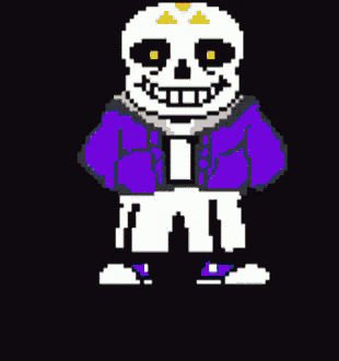 a pixel art drawing of sans from undertale wearing a jacket and pants .