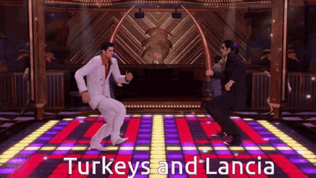 two men are dancing on a dance floor with the words turkeys and lancia in the corner