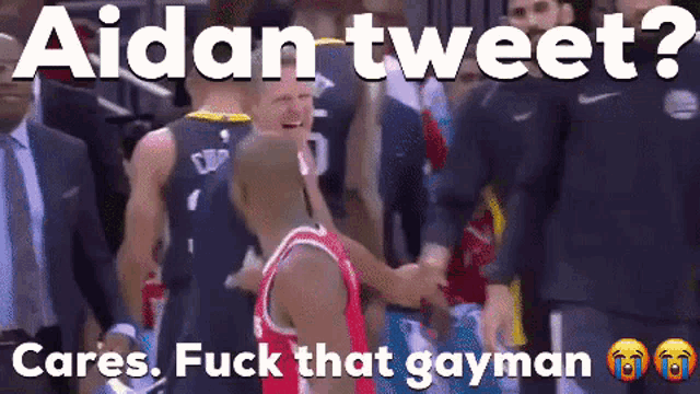 a basketball player is shaking hands with another player with the caption " aidan tweet "