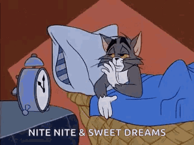 tom from tom and jerry is laying in bed with an alarm clock .