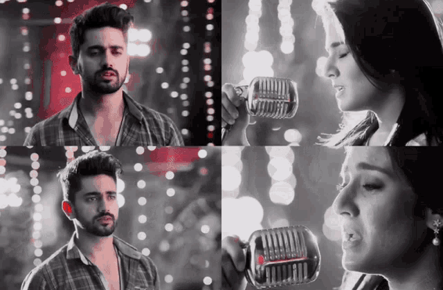 a man and a woman singing into a microphone with lights in the background