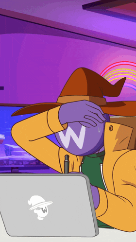 a cartoon character wearing a witch hat is using a laptop with the letter w on it